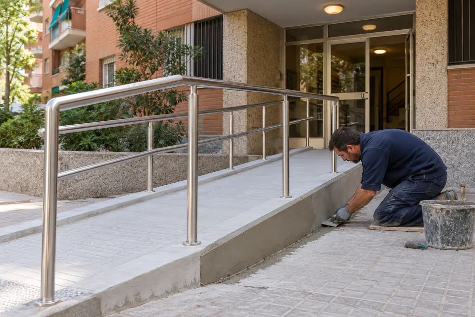 Rampa accesible con pasamanos de acero inoxidable en la entrada de un edificio de viviendas