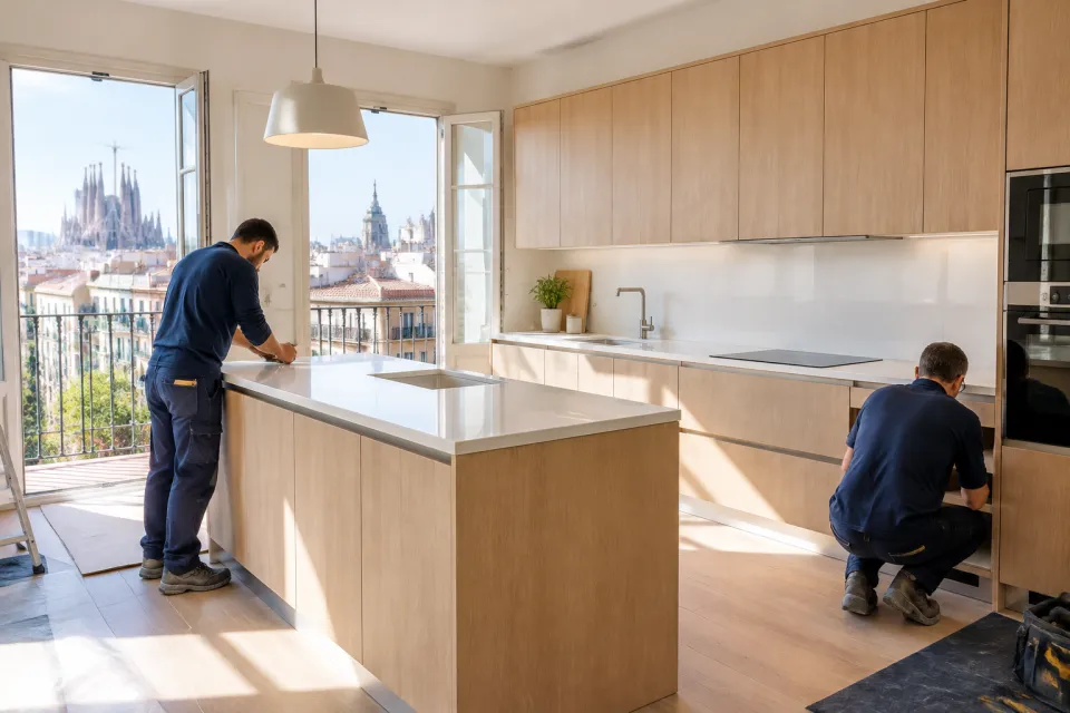 Cocina reformada con muebles de madera clara y encimera blanca