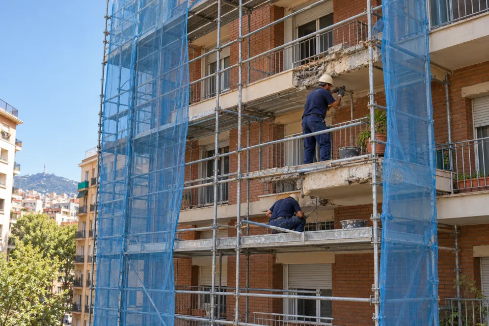 Andamio con malla en una fachada de ladrillo durante la reparación de balcones