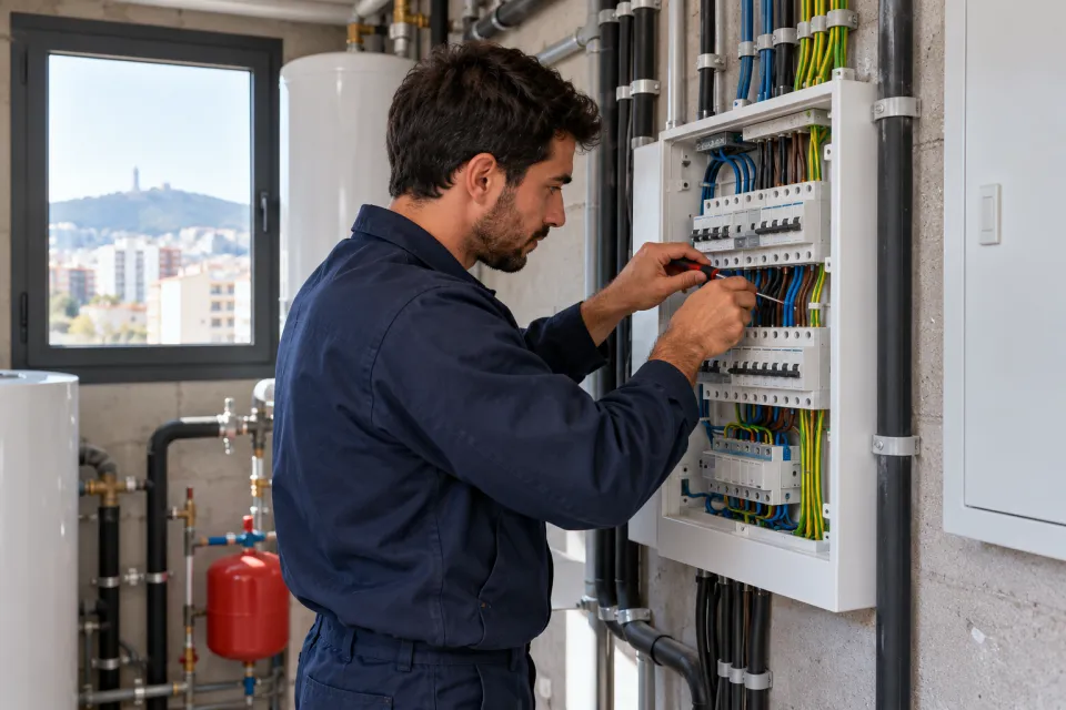 Electricista montando un cuadro eléctrico nuevo en el cuarto de instalaciones de un edificio