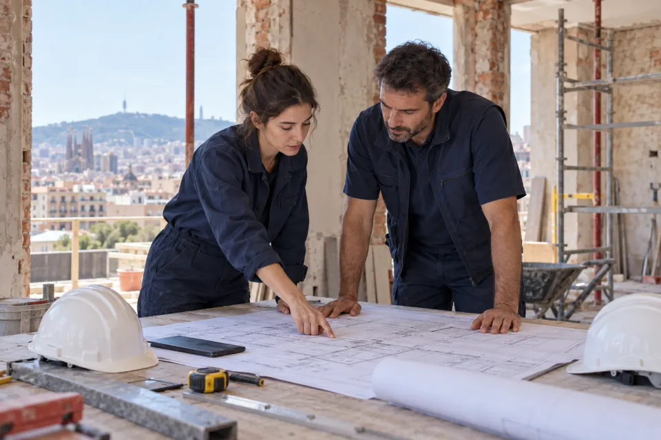 Arquitecta y jefe de obra revisando planos dentro de un edificio en rehabilitación
